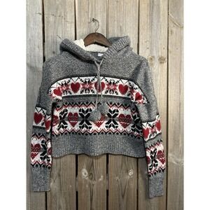 Nordic Fair Isle Heart Cropped Hoodie Cozy Sherpa Lined Sweater M Red Black